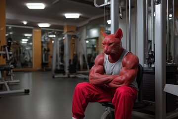 Muscular anthropomorphic cat in red pants at gym with fitness equipment