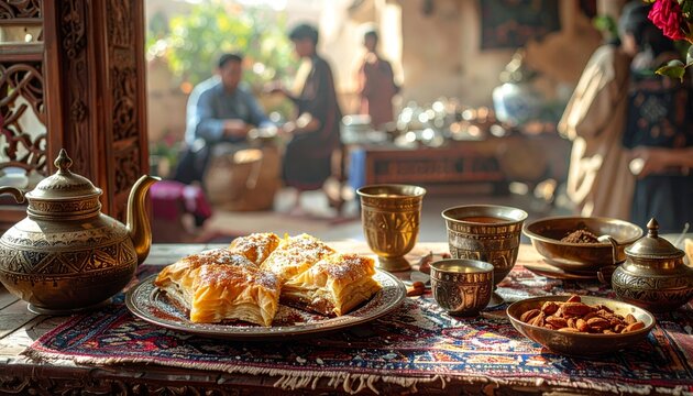Delicious Maghrebi cuisine served on an ornate table in Morocco during a lively gathering