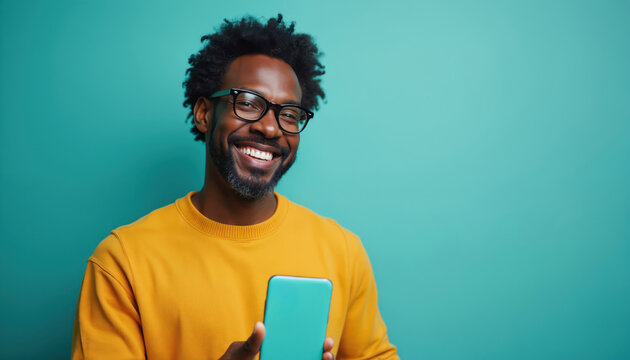 Happy afro man with glasses smiles while holding mobile phone. Smiling guy in yellow sweater poses over blue background in studio. Modern tech and communication concept