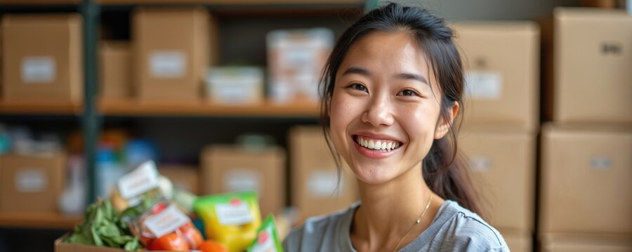 Smiling asian girl holds food box in charity non-profit center. Volunteer carries donation with vegetables, healthy food. Shelves with boxes at food bank background. Food security program helps