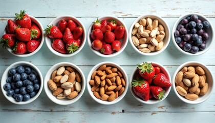 Variety of fresh fruits and nuts in small white bowls on light blue wooden surface. Healthy snack concept. Colorful arrangement includes strawberries blueberries almonds and pistachios.