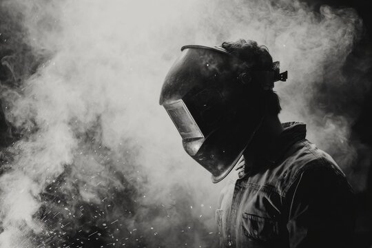 Welder wearing safety helmet in a hazy workshop with sparks and smoke during industrial work