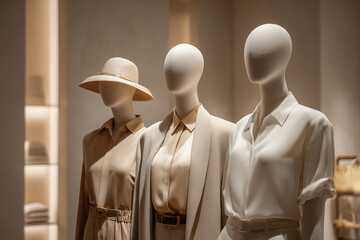 Elegant mannequins display the latest fashion trends in a stylish boutique showcasing sophisticated clothing selections