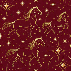 Luxury seamless pattern with golden horse silhouettes and sparkling stars on dark red background.