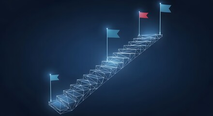 Ascend to success with this dynamic digital staircase, marking achievements with glowing flags against a deep blue backdrop, perfect for business growth concepts.