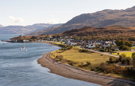 The Scottish village of Kyleakin on the Isle of Skye is seen on the right bank of the Strait of Kyle Akin.