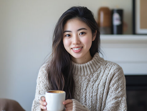 Young smiling asian woman wearing a cozy beige knitted turtleneck sweater holding a warm mug of coffee or hot chocolate