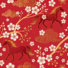 Traditional Chinese brush stroke horse silhouettes with cherry blossoms, seamless red and gold design.