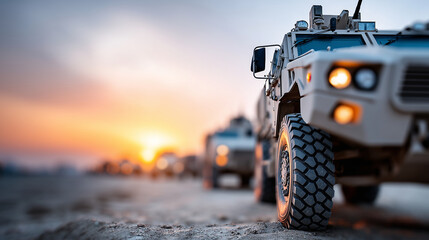Defocused Military Vehicles Parked Under