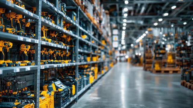 Shelves with various tools in a construction supermarket, organized rows of hammers, screwdrivers, drills, and toolboxes under bright lighting, modern hardware store interior.