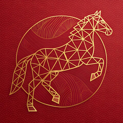 Minimalist geometric horse pattern with gold line art on red textured background, elegant packaging.