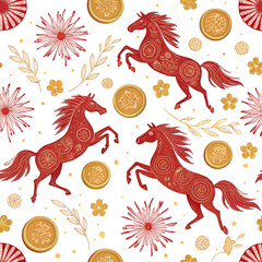 Vector pattern of stylized galloping horses with gold coins and fireworks, red and gold palette.