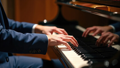 Obraz premium Man in suit plays a grand piano. Musician hands touch the black and white keys creating a melody. Pianist performs classical music at a concert hall. Artist playing an acoustic instrument.
