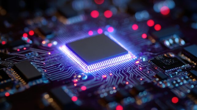 Stunning photo of concept CPU microchip for ai and data network. Close-up view of modern chip gpu card with circuit blue neon lights.