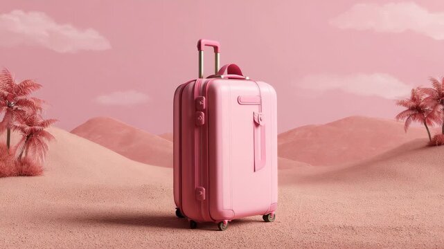 Bright pink suitcase stands alone in a sandy landscape with palm trees under a soft pink sky during a sunny day