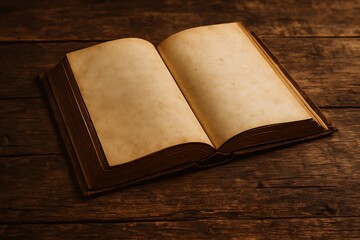 Open vintage book on rustic wooden table
