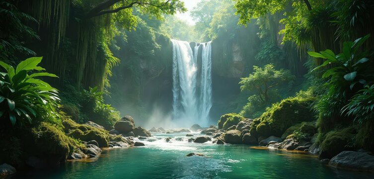 Waterfall flows into lake in dense jungle. Tropical rich green plants cover rocks and trees. Scenic wild cascade scene in rainforest natural environment backdrop. Fresh water flows fast. - Powered by Adobe