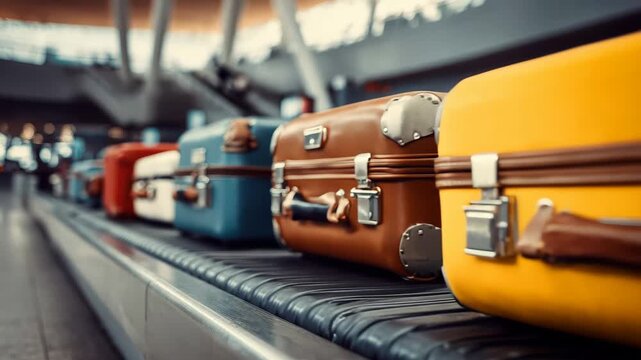 Colorful luggage stacked in a busy airport terminal during travel rush hours highlighting the anticipation of journeys ahead