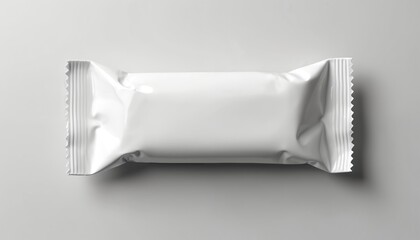 White snack bar wrapper on isolated background. Blank glossy plastic package mockup for food branding design. Clean empty pouch for candy chocolate protein bar. Isolated foil container for cookie