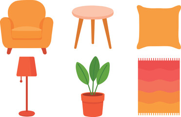 Fototapeta premium Modern colorful set of flat-style illustrations of cozy home decor and indoor plants, isolated on a transparent background