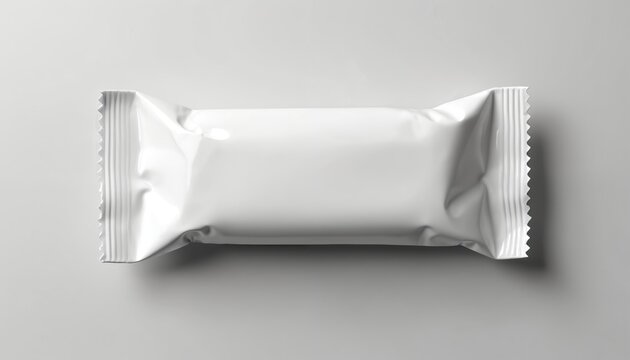 White snack bar wrapper on isolated background. Blank glossy plastic package mockup for food branding design. Clean empty pouch for candy chocolate protein bar. Isolated foil container for cookie