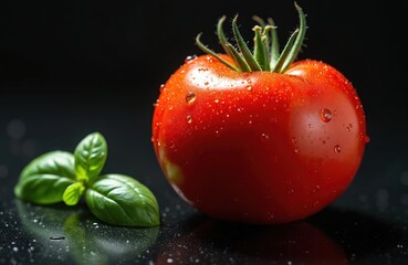 Juicy red tomato glistens with water droplets on a dark reflective surface. Fresh green basil leaves rest beside the ripe fruit. Perfect for food blogs, recipes, and health articles.