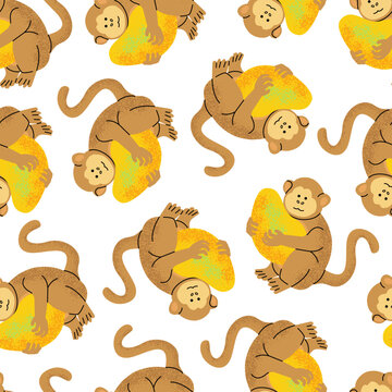 Pattern with funny monkey with mango. Flat vector illustration for kids prints, packaking