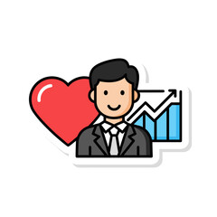A cheerful businessman is depicted with a heart symbol, representing a positive attitude, and a graph indicating business growth