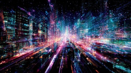 Fototapeta premium Colorful lights streak through a busy cityscape at night creating a mesmerizing sense of motion.