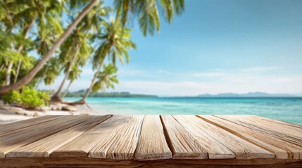 A sunny beach scene featuring swaying palm trees and a rustic wooden table overlooking the ocean.