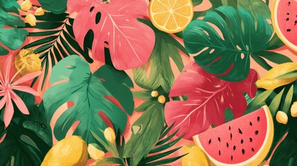 Fototapeta premium Brightly colored leaves and fruits fill the scene evoking a joyful summer atmosphere.