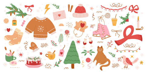 winter pattern, cute illustration.  tree, stars, dots, snow, simple  design. hand drawn doodles are isolated on a pink background. A trend concept for print, banner, social networks, poster. png art