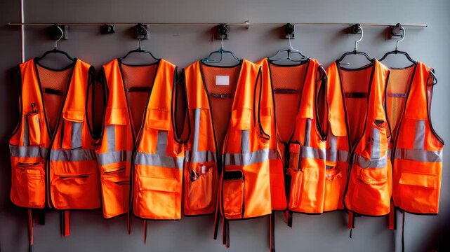 Bright orange safety vests hanging in a row on hangers against a wall in a work environment