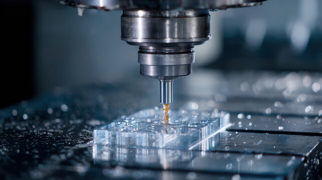 Stunning photo of cNC milling machine cutting the plastic parts with solid ball endmill tool. The hi-technology manufacturing processing by CNC machining center.