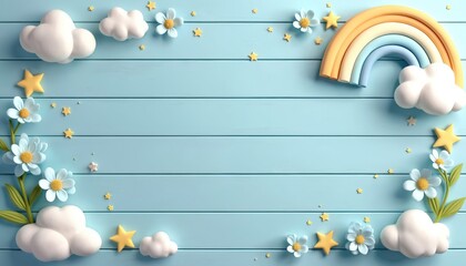 Soft blue wooden planks form backdrop for cute pastel clouds, stars, and flowers. A gentle rainbow arches at top right, creating a serene atmosphere for baby shower invites.