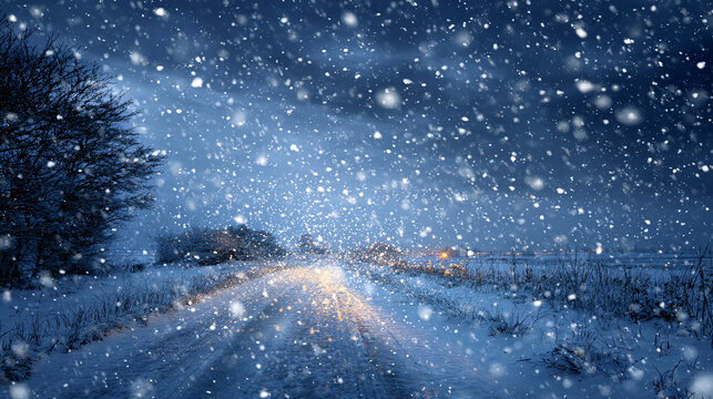 Christmas night sky full of falling snowflakes