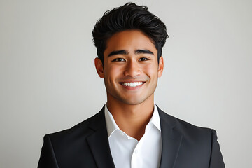 Cheerful and confident young asian man in a black business suit and white shirt smiling broadly at the camera on a plain, light grey studio background