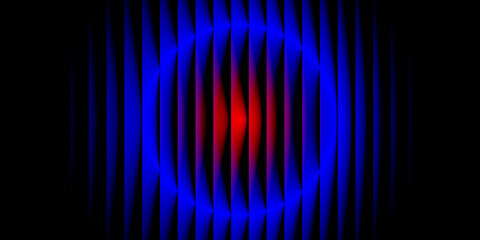 Abstract glowing red and blue vertical lines forming an oval shape