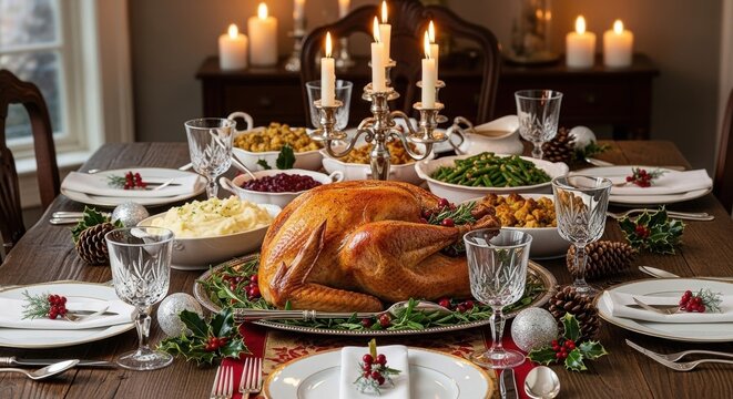 Traditional Christmas dinner table with roasted turkey, glowing candles, elegant decorations, and rustic wooden texture in warm realistic lighting and festive holiday atmosphere