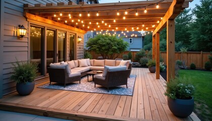 Modern backyard deck with sectional sofa and string lights under wooden pergola. Outdoor living space with patio furniture and garden landscaping. Cozy evening atmosphere on home terrace.