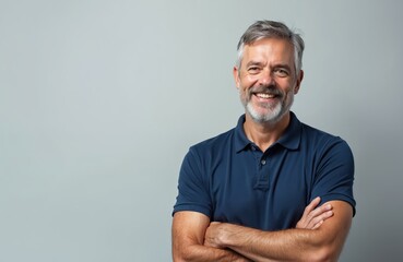 Happy mature man with gray hair smiles. Attractive bearded male in blue polo shirt with crossed arms. Studio photo of cheerful person. Successful businessman portrait.