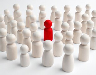 Red Wooden Peg Doll Standing Out in a Crowd of Neutral/White Wooden People Figurines, Symbolizing Uniqueness