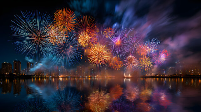 Joyful faces illuminated by colorful fireworks over night city