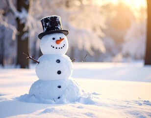 Obraz premium Classic Snowman Wearing a Top Hat, Carrot Nose, Scarf, and Mittens in a Sunny, Snowy Winter Landscape