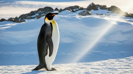 Wild emperor penguin stands on snow under bright antarctic sun - Powered by Adobe