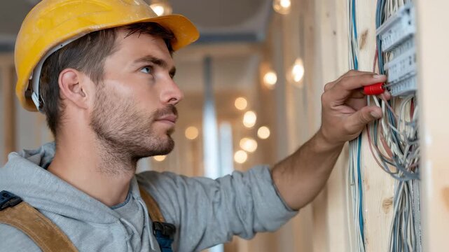 Skilled electrician working on electrical panel in a bright construction site setting during the day