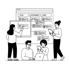 Diverse agile project team collaborating on task management using a digital scrum board in a professional workspace streamlining workflow
