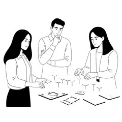 Diverse professional colleagues collaborating on an innovative tabletop design project with modular components