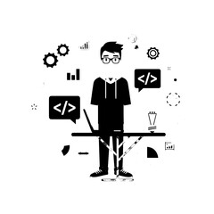 Focused programmer in glasses and hoodie developing software on a laptop at a desk in an abstract digital workspace with floating code and data graphics