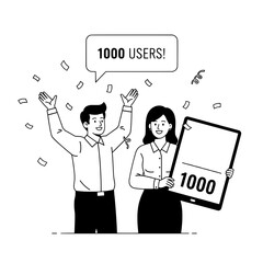 Joyful man and woman business professionals celebrating 1000 user milestone in a digital achievement setting amidst festive confetti highlighting successful online growth